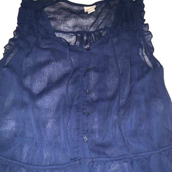 Mossimo Navy Sheer Sleeveless Ruffle Blouse With Button Front & Drawstring Waist - Picture 5 of 8